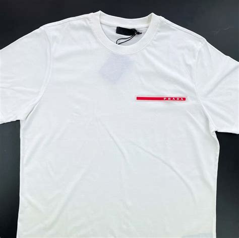 prada t-shirt red logo|Prada striped shirt.